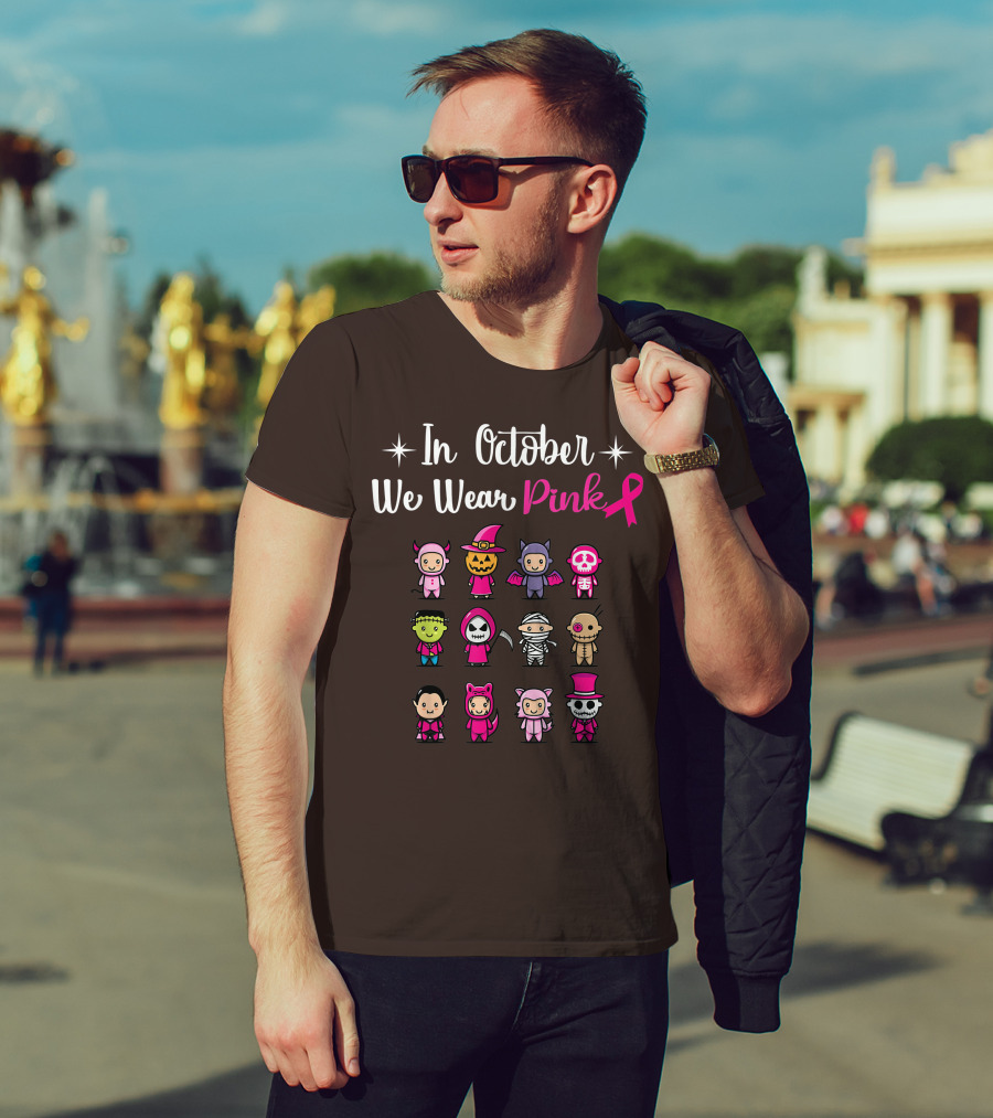 In October We Wear Pink Breast Cancer Awareness Halloween Characters T-Shirt