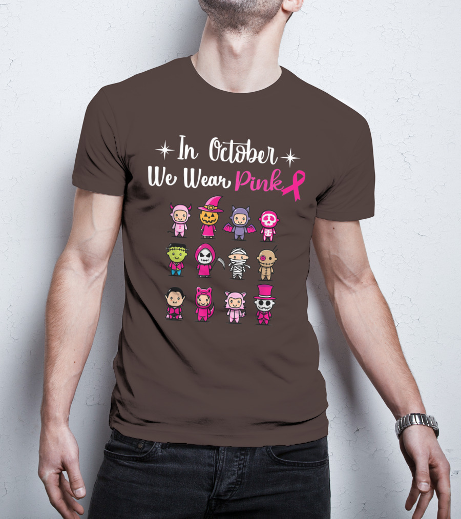 In October We Wear Pink Breast Cancer Awareness Halloween Characters T-Shirt