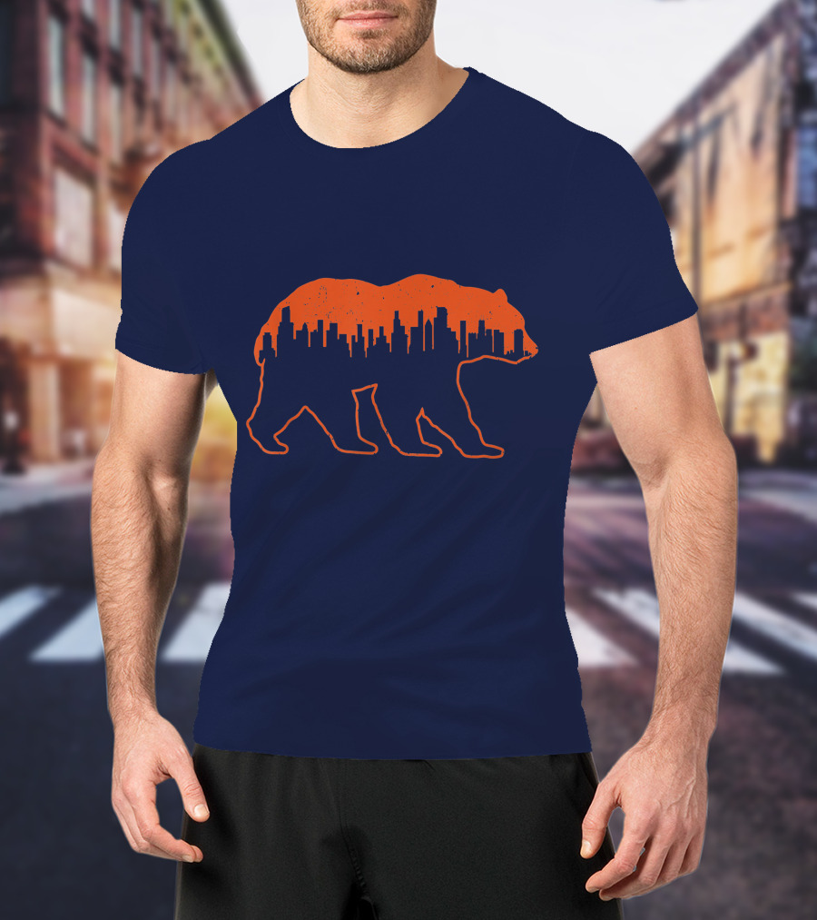 Vintage Downtown Chicago City Skyline Bear Silhouette Novelty T-Shirt