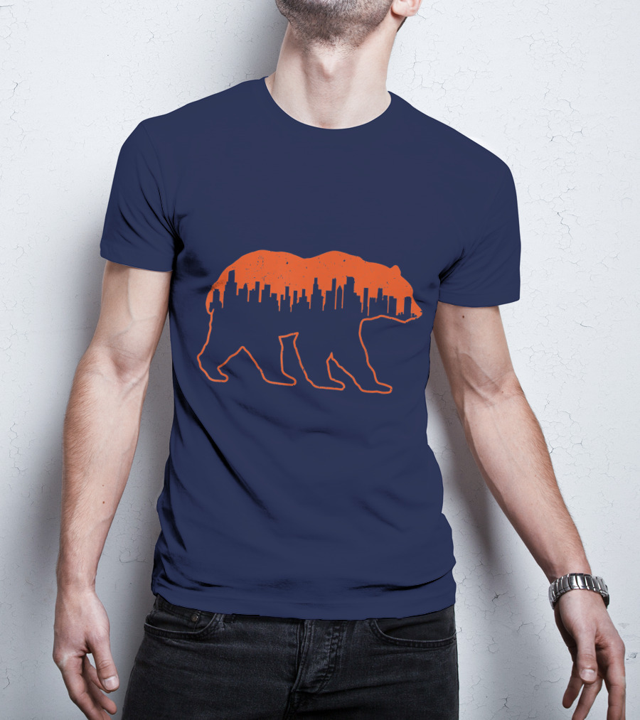 Vintage Downtown Chicago City Skyline Bear Silhouette Novelty T-Shirt