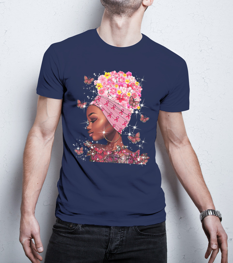 In October We Wear Pink Black Flowers Butterflies Ribbons T-Shirt