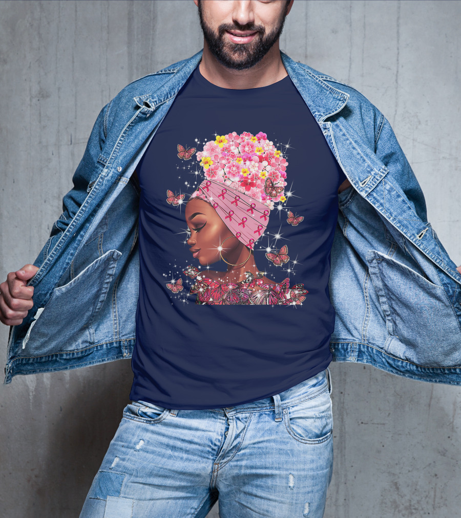 In October We Wear Pink Black Flowers Butterflies Ribbons T-Shirt