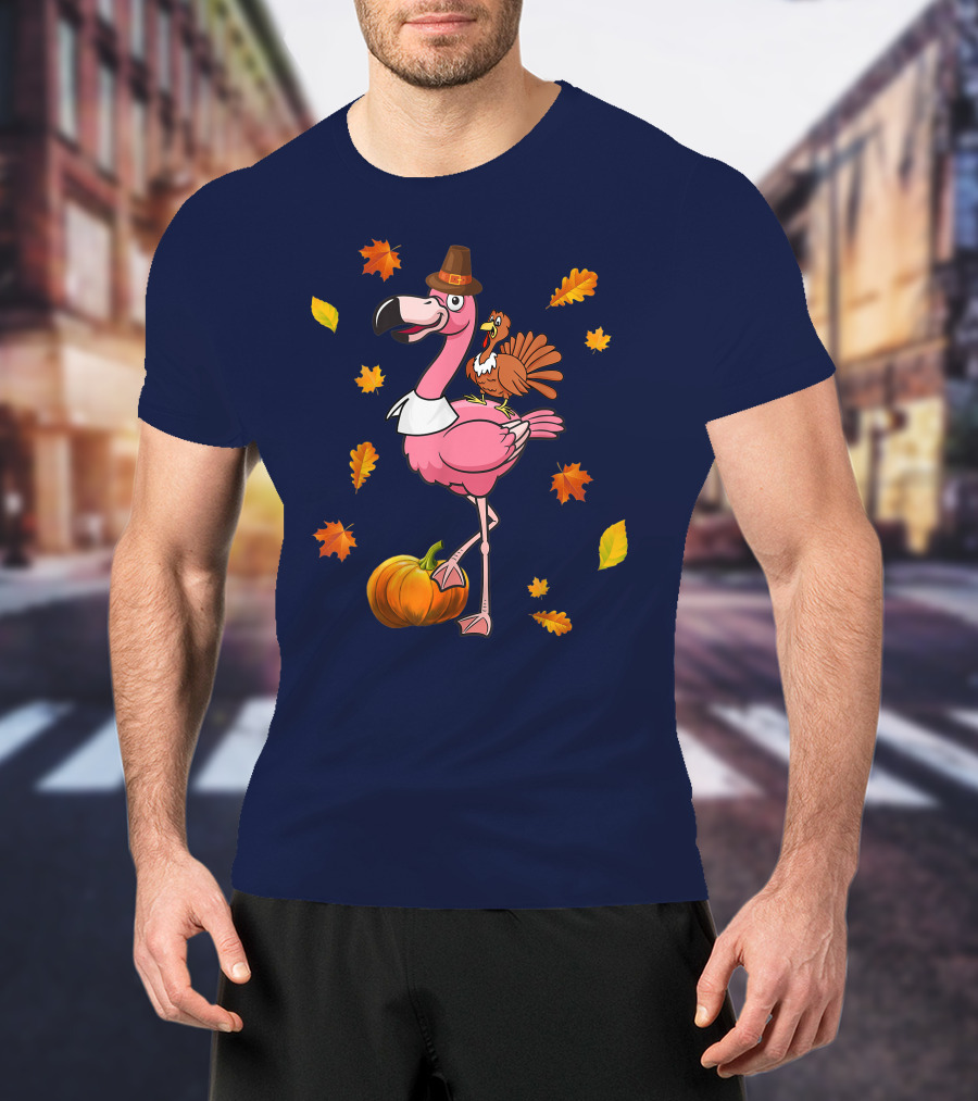 Thanksgiving Flamingo Pilgrim And Turkey With Autumn Leaves And Pumpkin T-Shirt