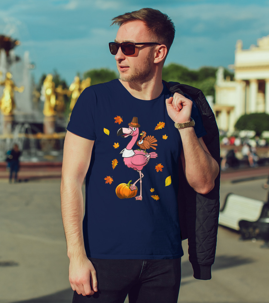 Thanksgiving Flamingo Pilgrim And Turkey With Autumn Leaves And Pumpkin T-Shirt
