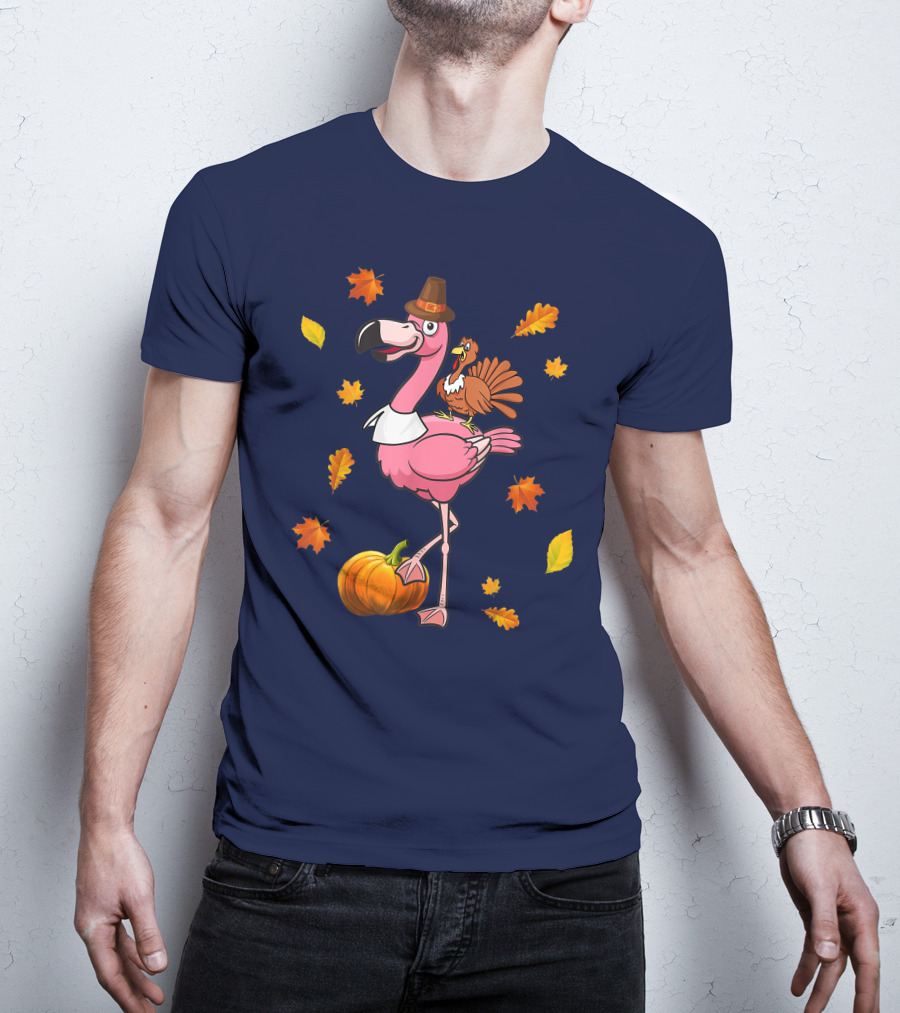Thanksgiving Flamingo Pilgrim And Turkey With Autumn Leaves And Pumpkin T-Shirt