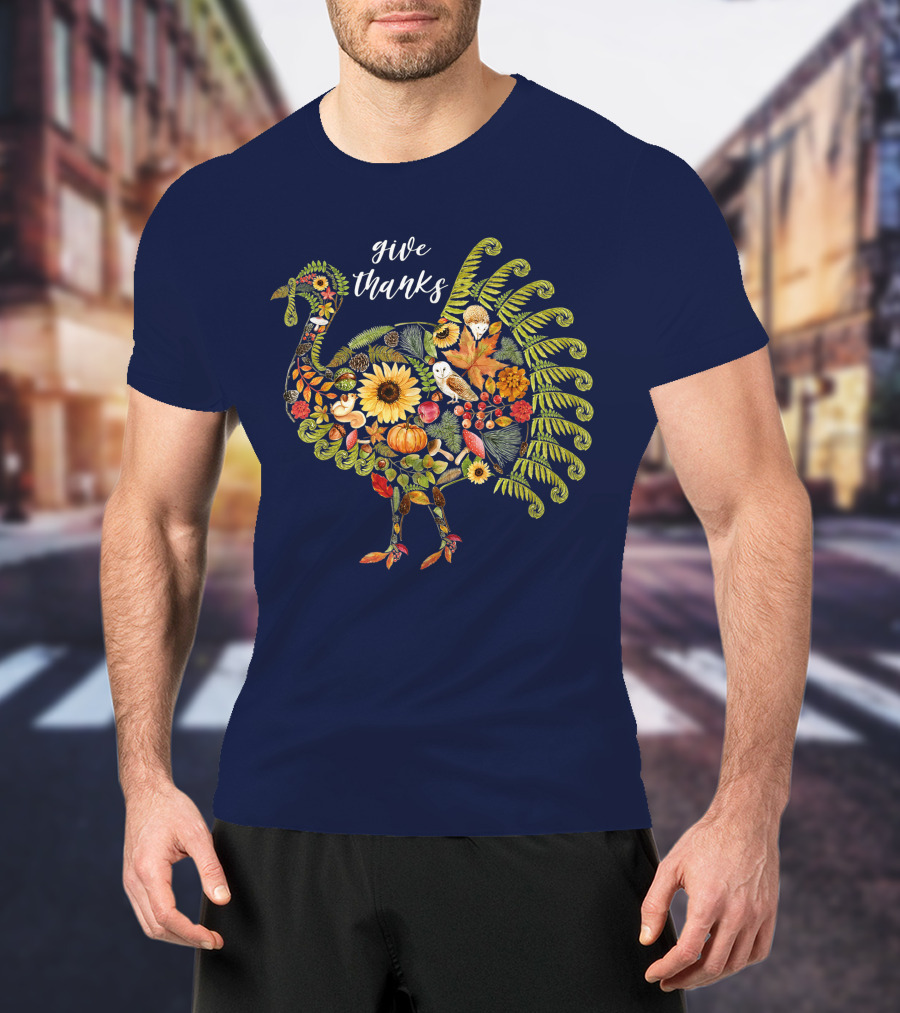 Give Thanks Vintage Autumn Botanical Turkey Thanksgiving T-Shirt
