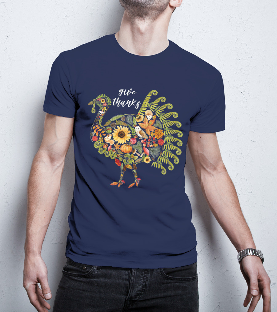 Give Thanks Vintage Autumn Botanical Turkey Thanksgiving T-Shirt
