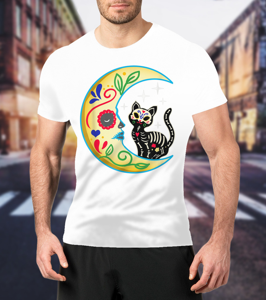 Cat And Moon Sugar Skull Dia De Los Muertos Day Of The Dead Mexican Festival T-Shirt