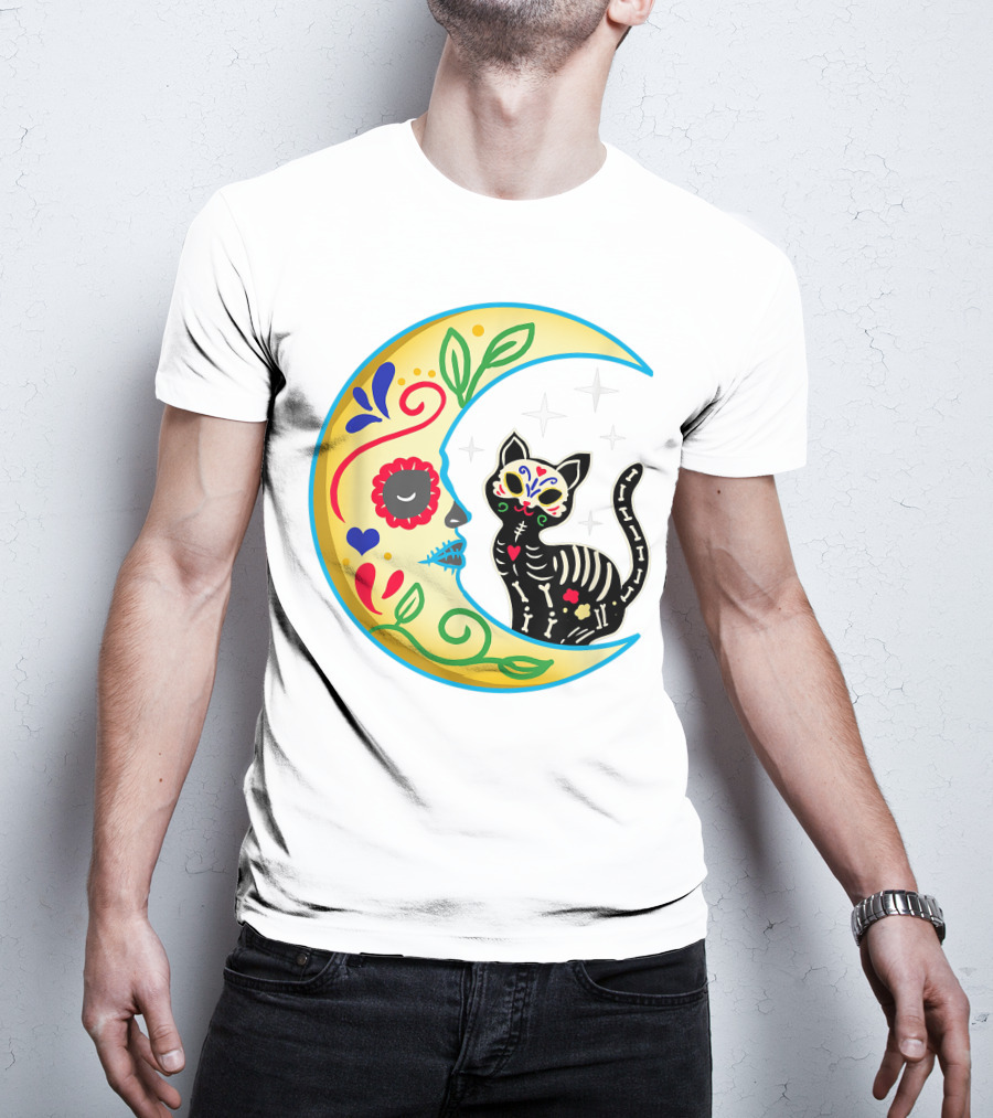Cat And Moon Sugar Skull Dia De Los Muertos Day Of The Dead Mexican Festival T-Shirt