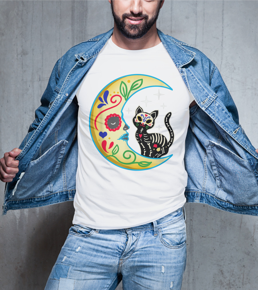 Cat And Moon Sugar Skull Dia De Los Muertos Day Of The Dead Mexican Festival T-Shirt