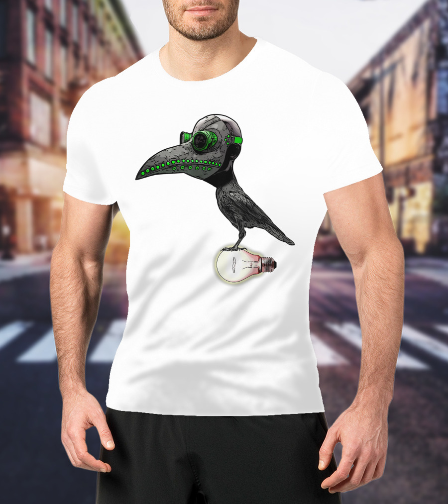 Bird In Plague Doctor Mask Perched On Light Bulb T-Shirt