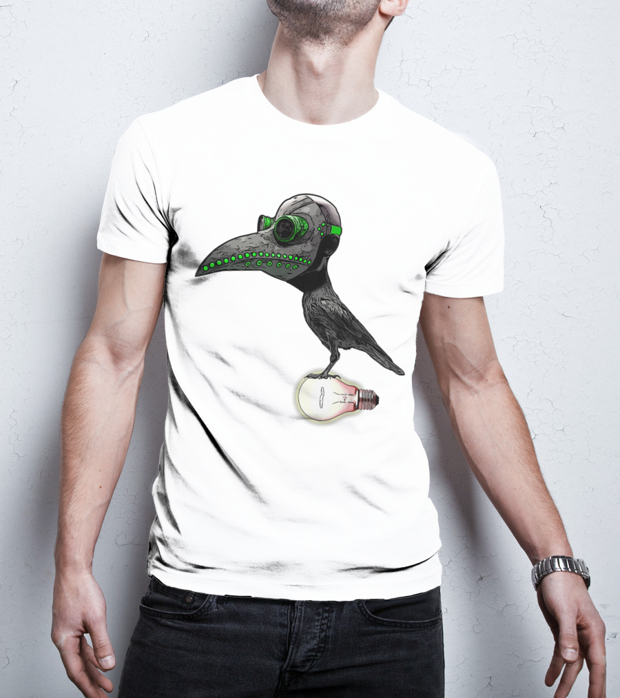 Bird In Plague Doctor Mask Perched On Light Bulb T-Shirt