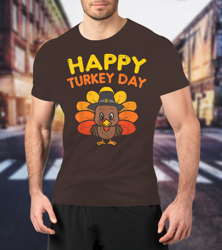 Happy Turkey Day Cute Thanksgiving Pilgrim Turkey T-Shirt