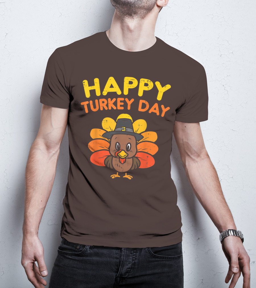 Happy Turkey Day Cute Thanksgiving Pilgrim Turkey T-Shirt