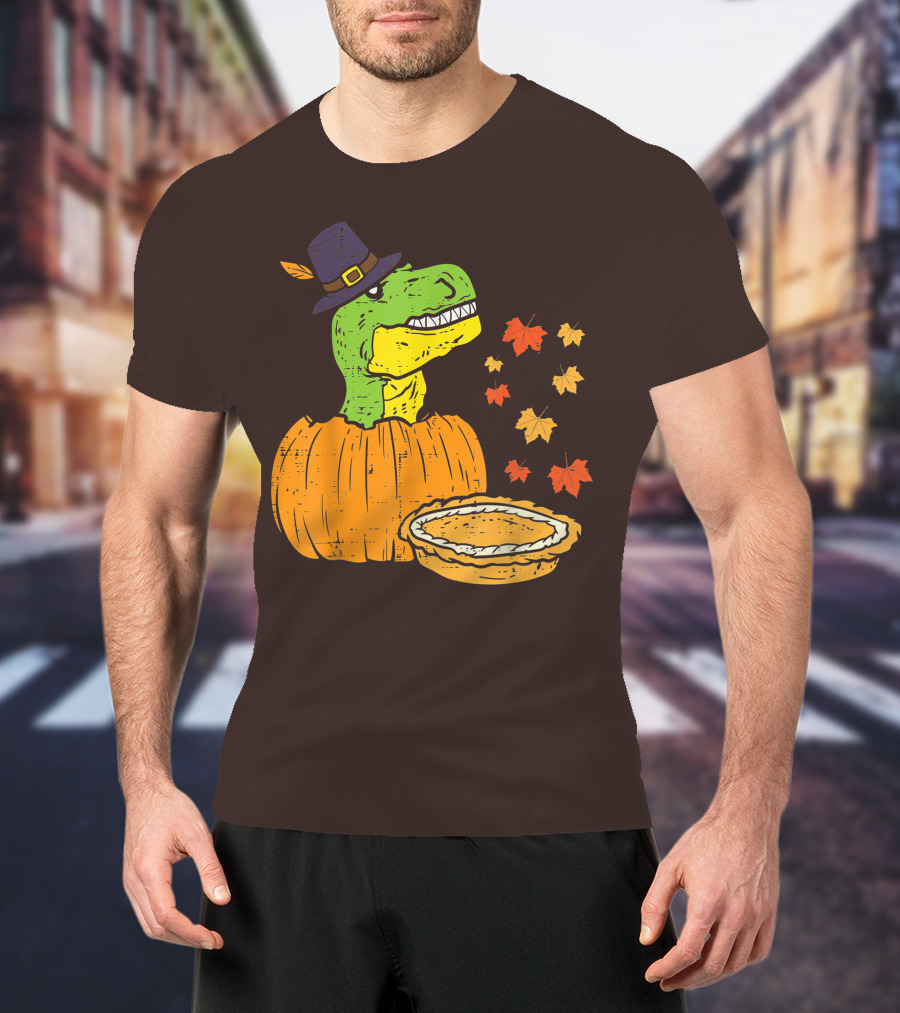 Pilgrim Trex Dinosaur Pumpkin Leaves Pie T-Shirt