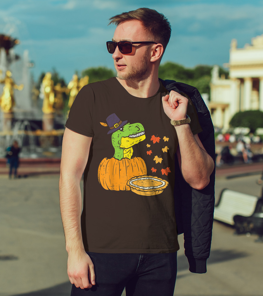 Pilgrim Trex Dinosaur Pumpkin Leaves Pie T-Shirt