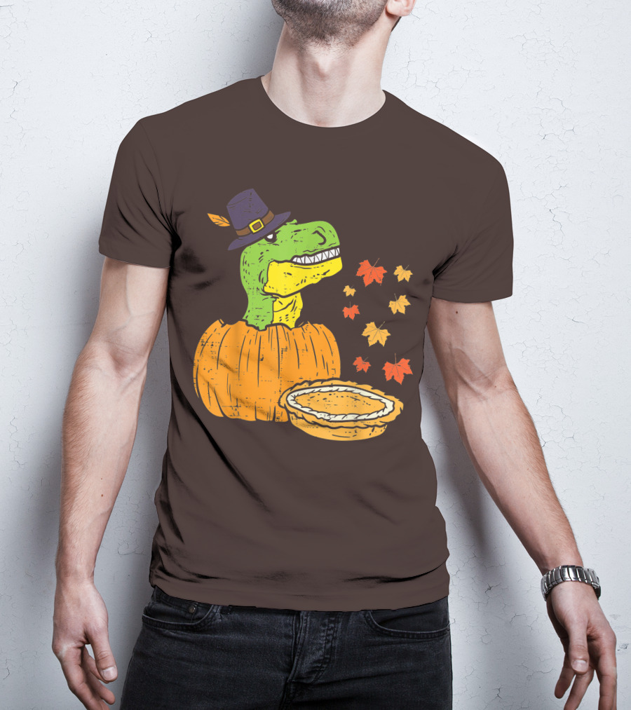 Pilgrim Trex Dinosaur Pumpkin Leaves Pie T-Shirt