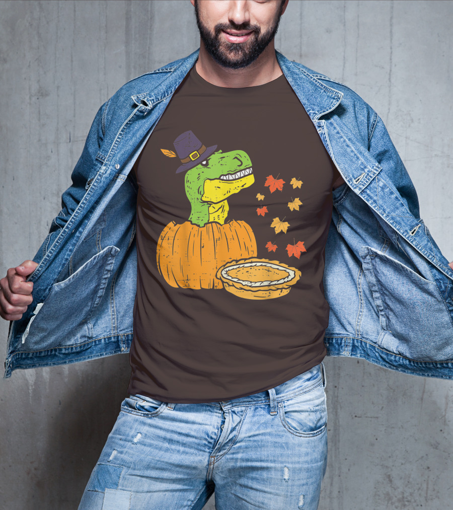 Pilgrim Trex Dinosaur Pumpkin Leaves Pie T-Shirt