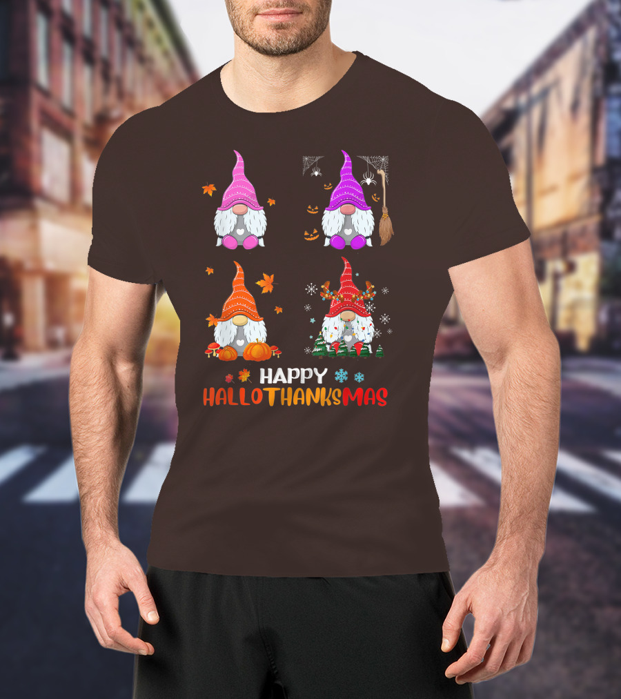Happy Hallothanksmas Gnome Halloween Thanksgiving Christmas T-Shirt
