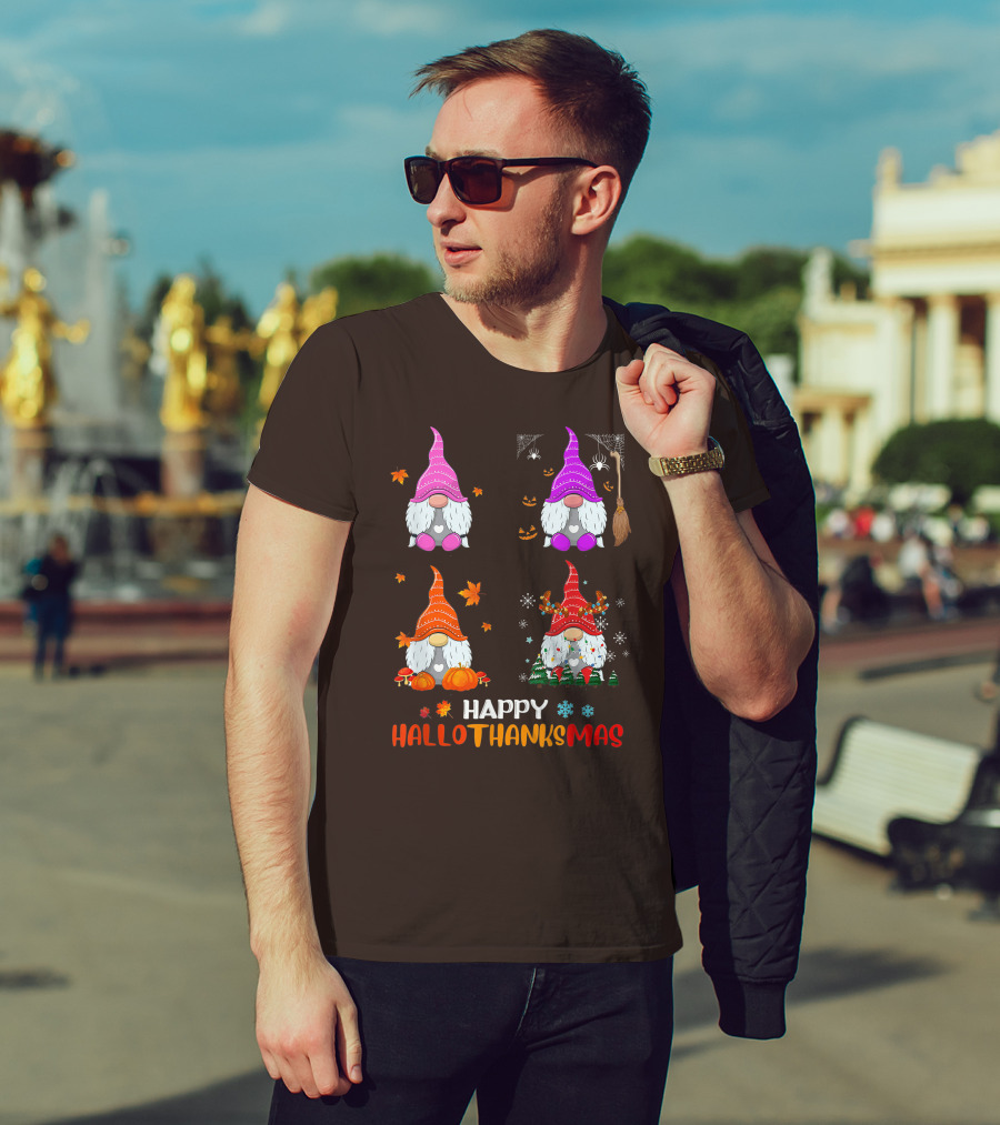 Happy Hallothanksmas Gnome Halloween Thanksgiving Christmas T-Shirt