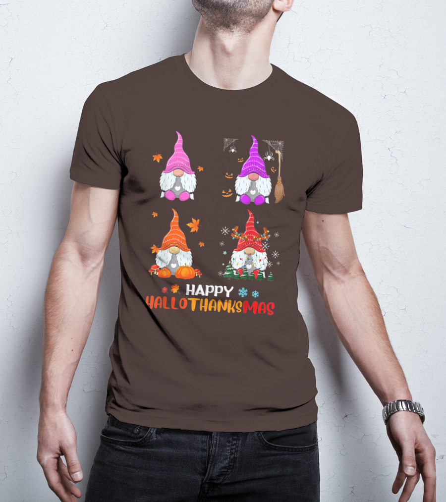 Happy Hallothanksmas Gnome Halloween Thanksgiving Christmas T-Shirt