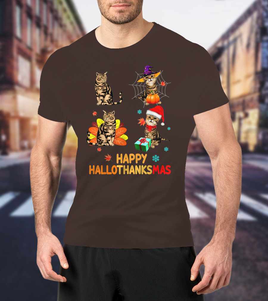 Happy Hallothanksmas Cats With Pumpkin, Autumn Leaves, Santa Hat, And Gift T-Shirt
