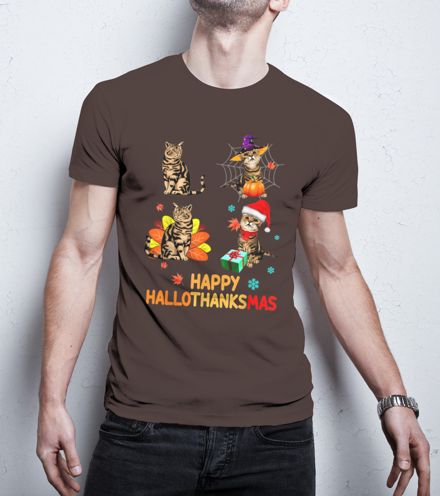 Happy Hallothanksmas Cats With Pumpkin, Autumn Leaves, Santa Hat, And Gift T-Shirt