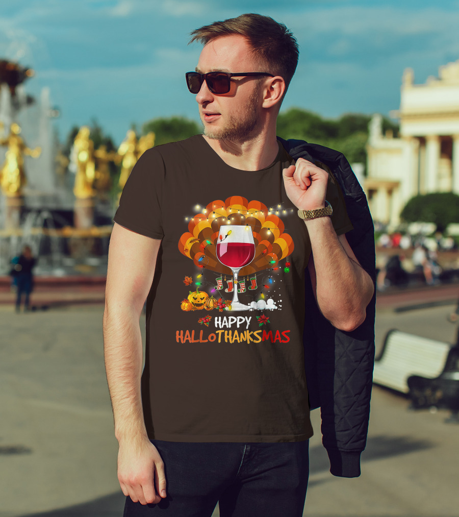 Happy Hallothanksmas Wine Glass Thanksgiving Funny Wine T-Shirt