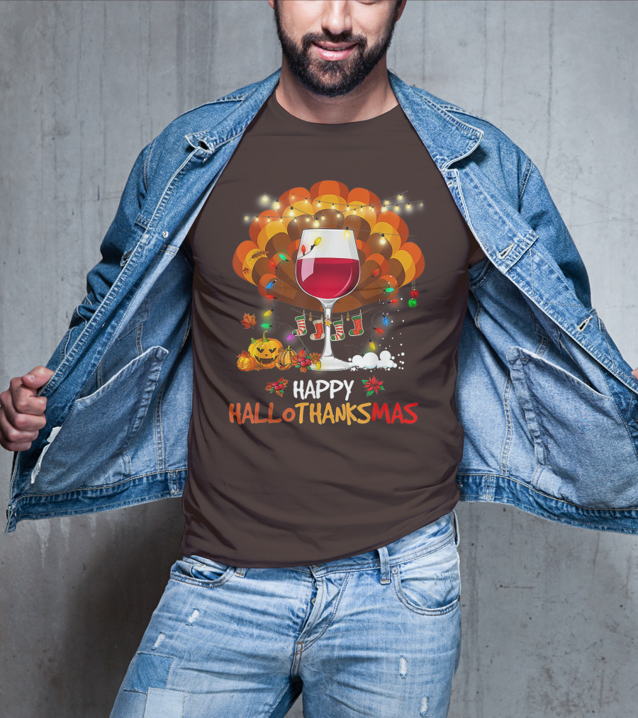 Happy Hallothanksmas Wine Glass Thanksgiving Funny Wine T-Shirt