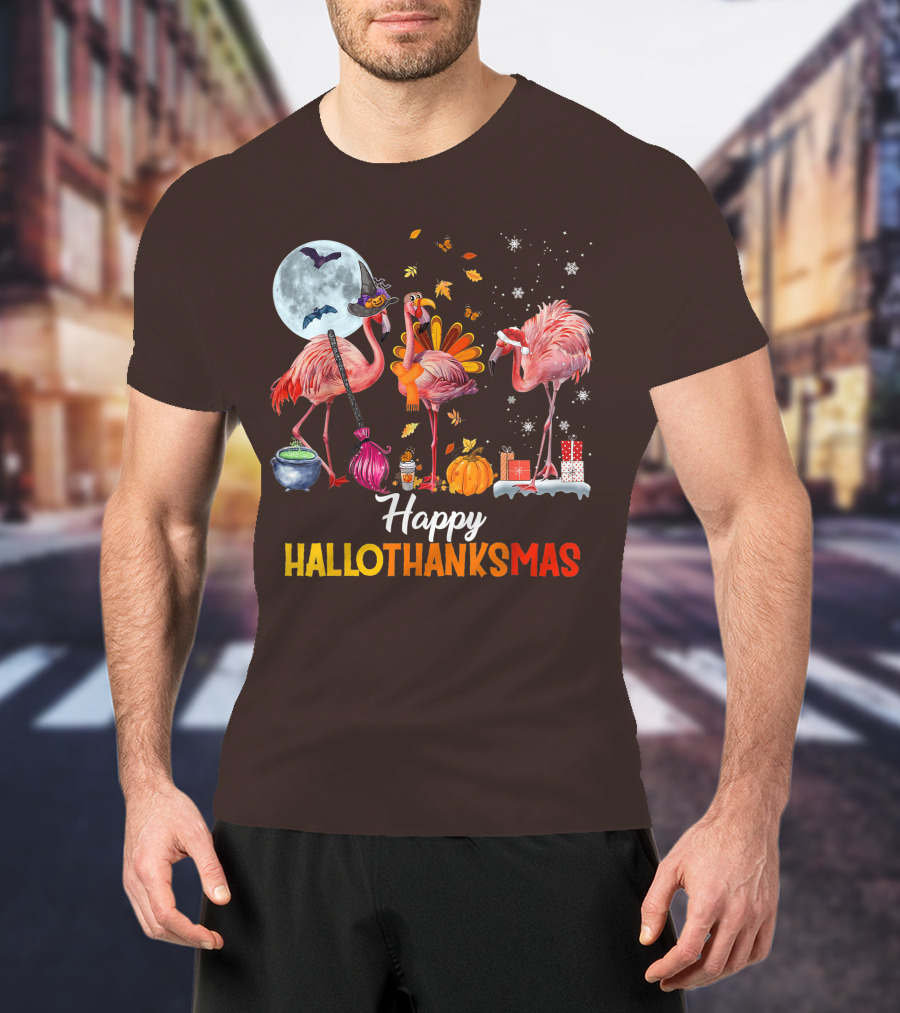Happy Hallothanksmas Flamingo Halloween Merry Christmas T-Shirt