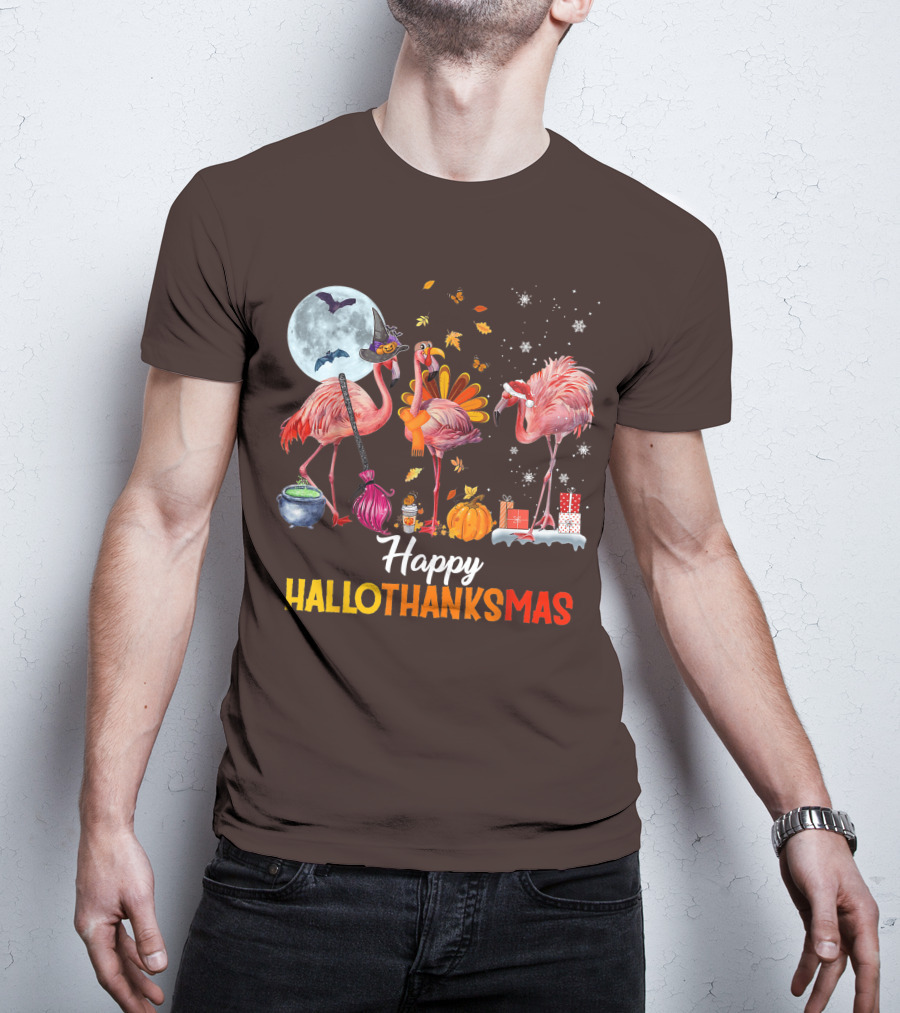 Happy Hallothanksmas Flamingo Halloween Merry Christmas T-Shirt