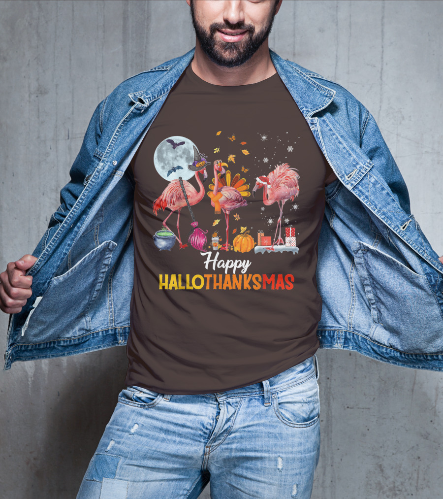 Happy Hallothanksmas Flamingo Halloween Merry Christmas T-Shirt
