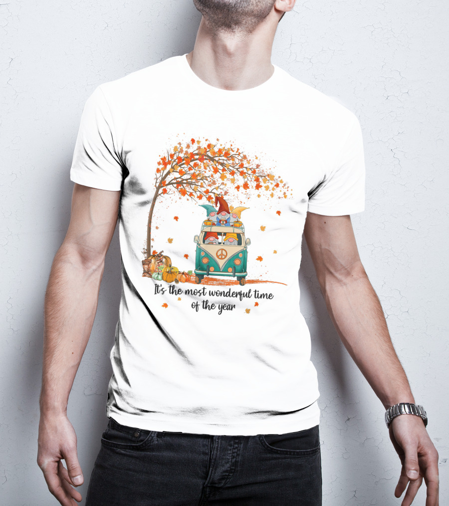 It's The Most Wonderful Time Of The Year Gnomes Autumn Fall In A Van With Pumpkins And Leaves T-Shirt