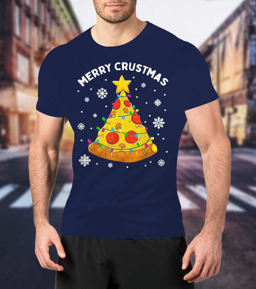 Merry Crustmas Pizza Christmas Tree With Cheese Garland And Snowflakes T-Shirt