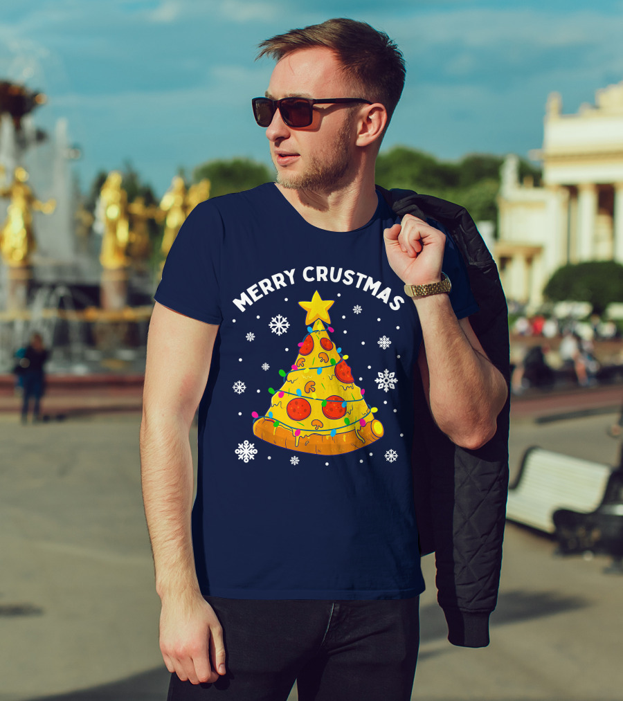 Merry Crustmas Pizza Christmas Tree With Cheese Garland And Snowflakes T-Shirt