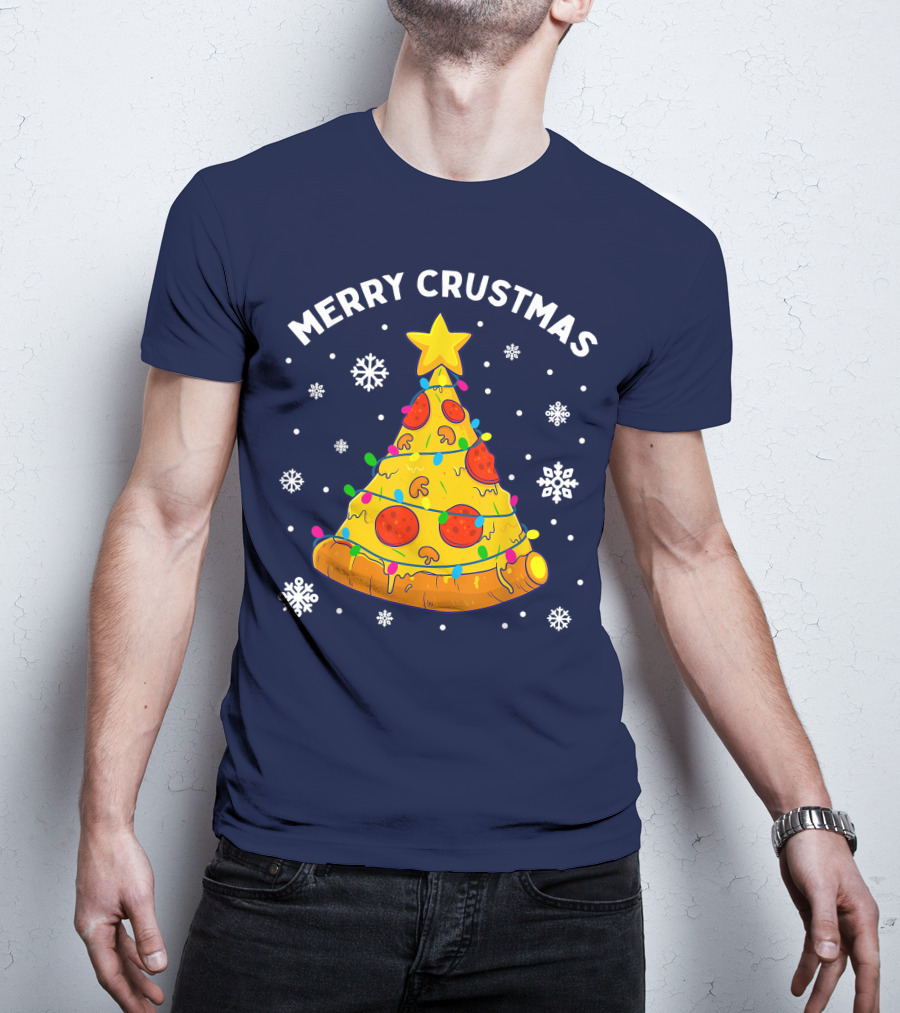 Merry Crustmas Pizza Christmas Tree With Cheese Garland And Snowflakes T-Shirt