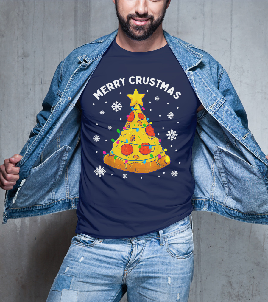 Merry Crustmas Pizza Christmas Tree With Cheese Garland And Snowflakes T-Shirt