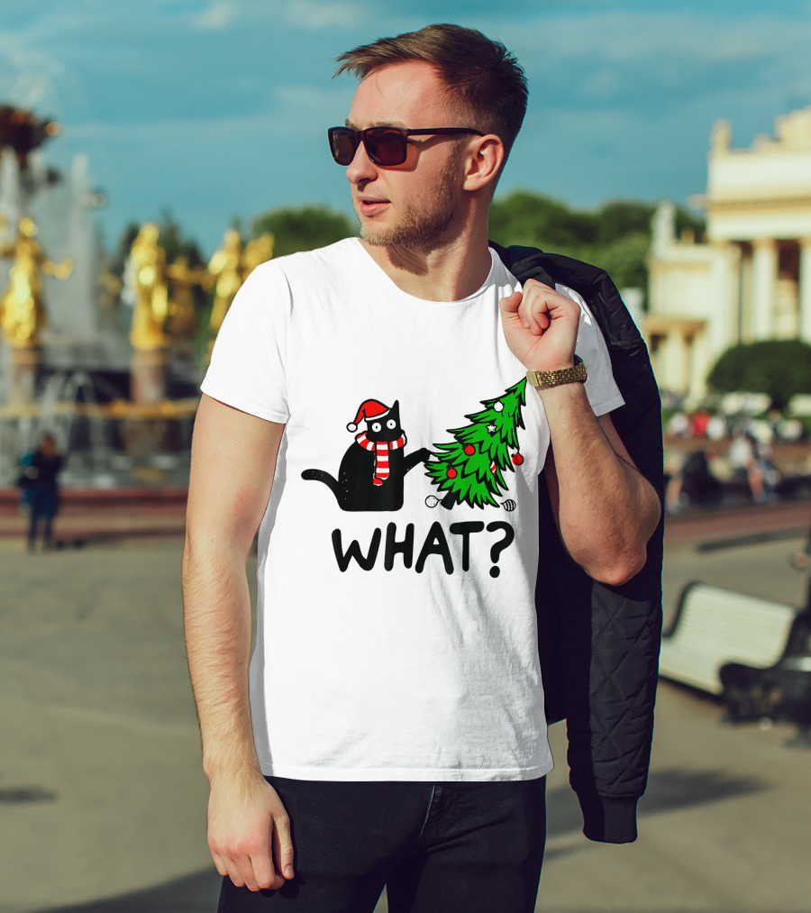 Funny Black Cat Santa Hat Pushing Over Christmas Tree What T-Shirt