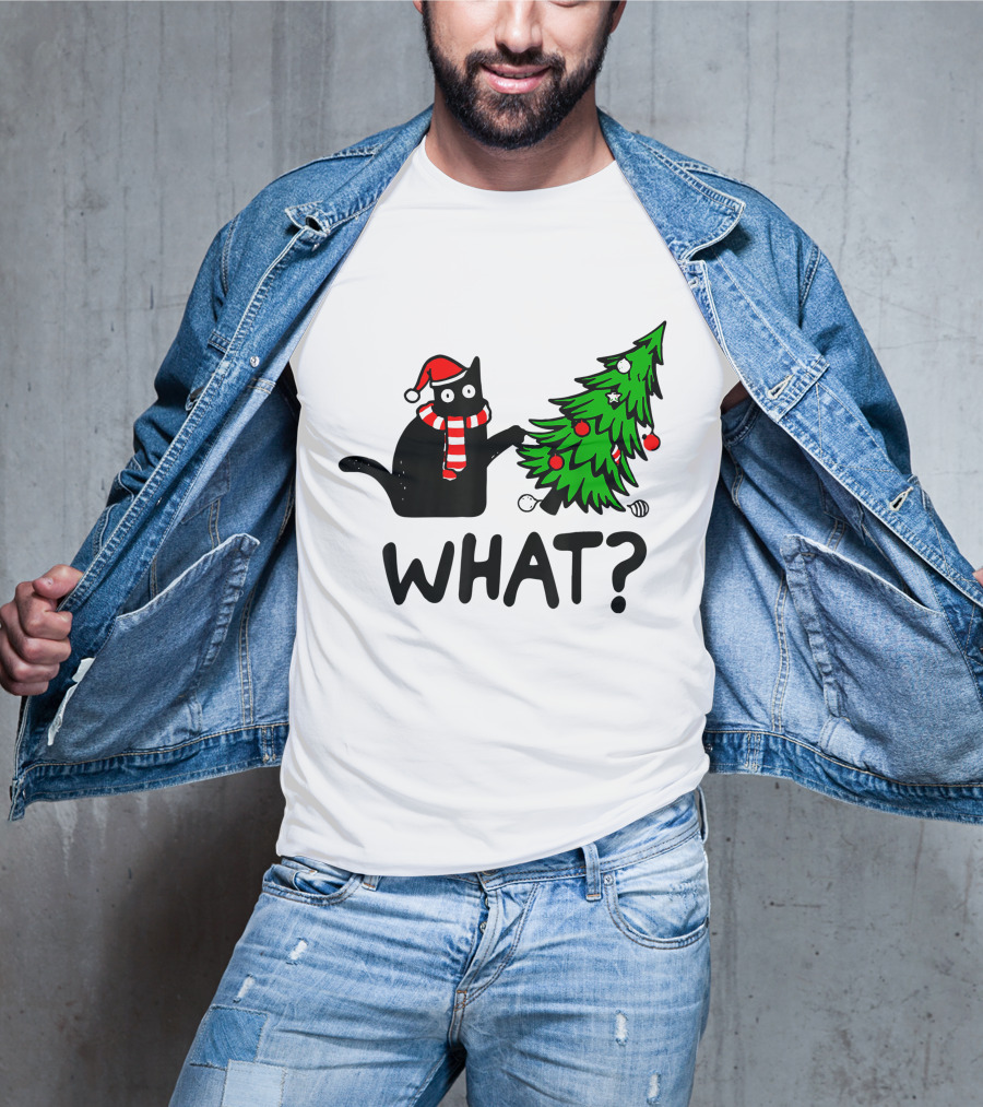 Funny Black Cat Santa Hat Pushing Over Christmas Tree What T-Shirt