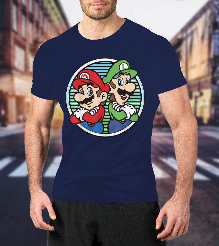Super Mario Luigi Back To Back Iconic Brothers Circular Retro Stripes T-Shirt