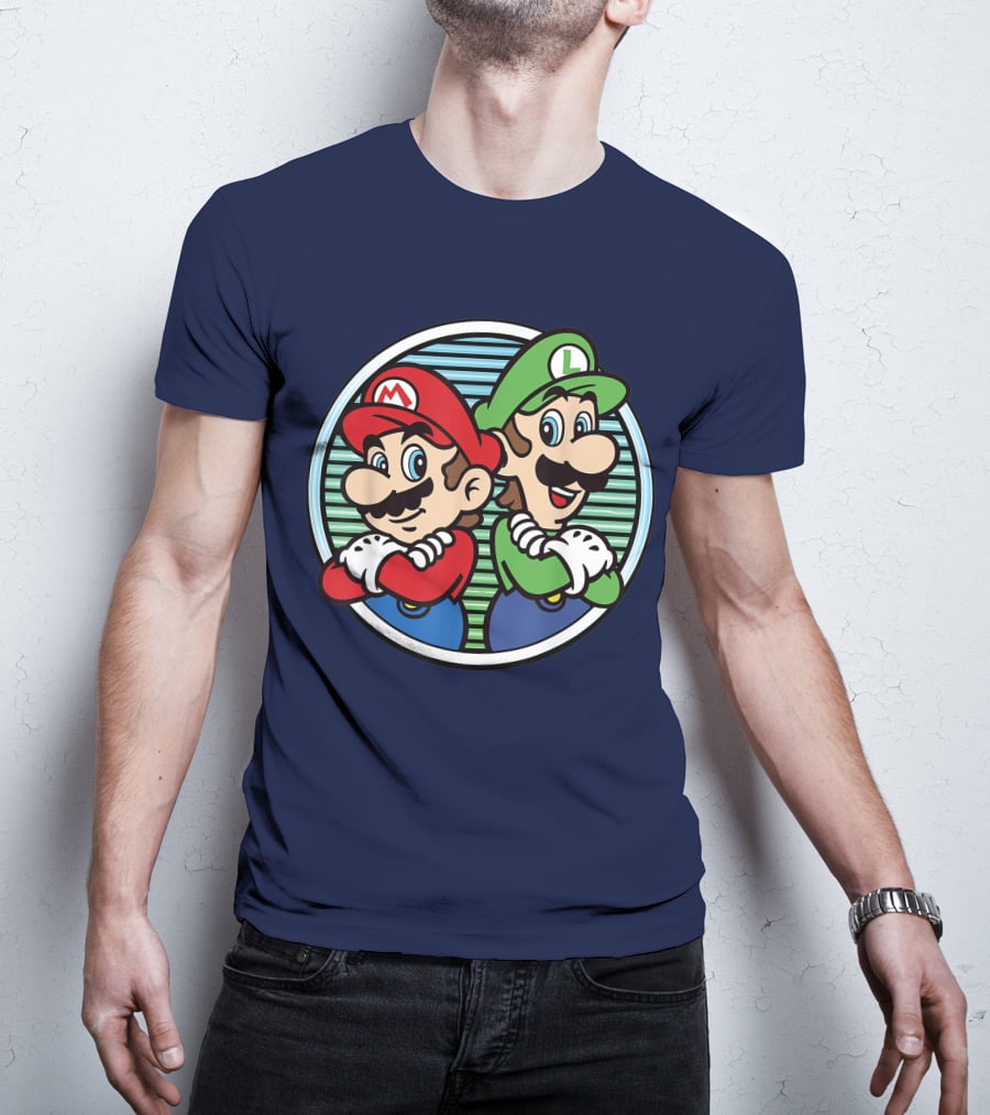 Super Mario Luigi Back To Back Iconic Brothers Circular Retro Stripes T-Shirt