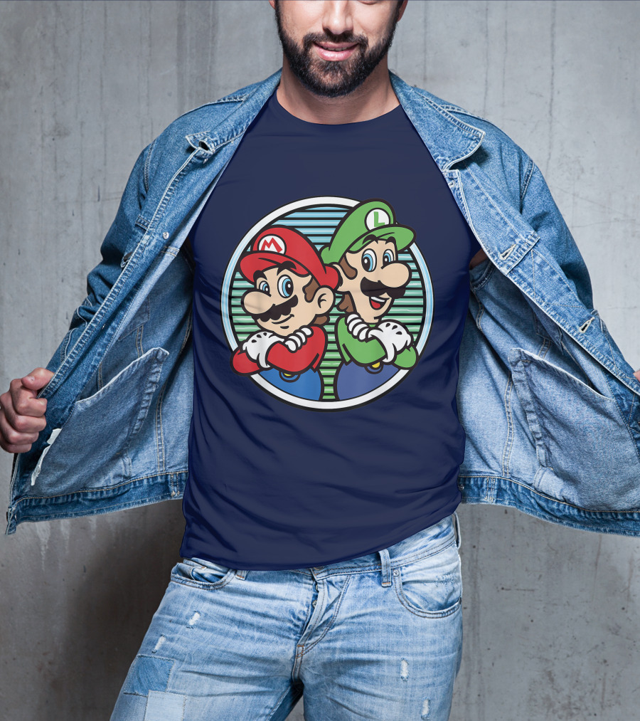Super Mario Luigi Back To Back Iconic Brothers Circular Retro Stripes T-Shirt