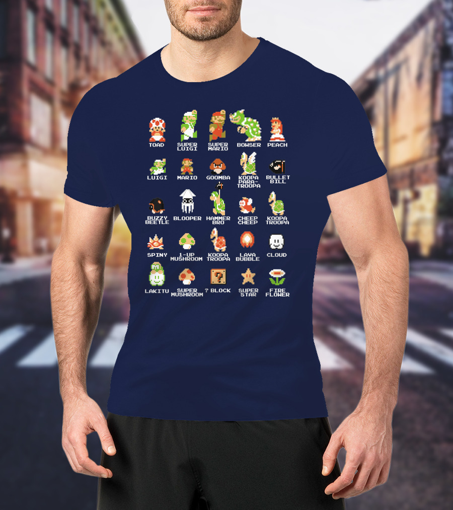Super Mario 8 Bit Pixel Characters And Enemies List T-Shirt