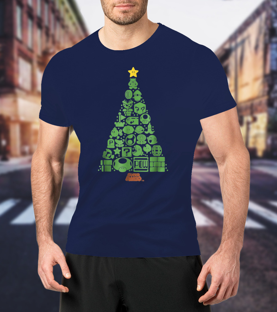 Super Mario Green Icon Christmas Tree With Star And Blocks T-Shirt