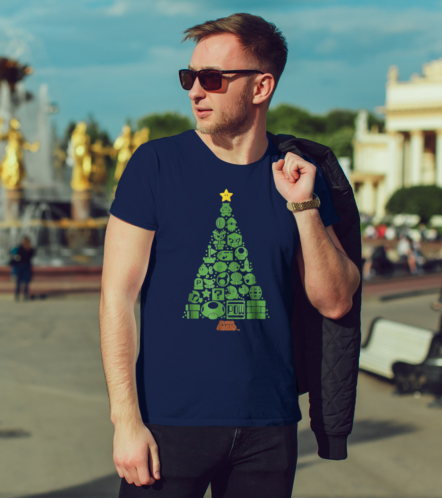 Super Mario Green Icon Christmas Tree With Star And Blocks T-Shirt