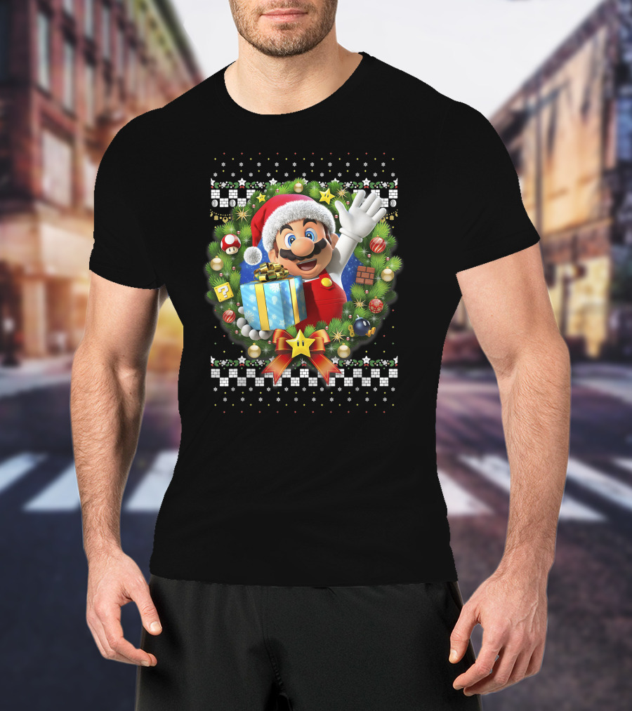 Super Mario Christmas Wreath Santa Present With Gift And Iconic Symbols T-Shirt