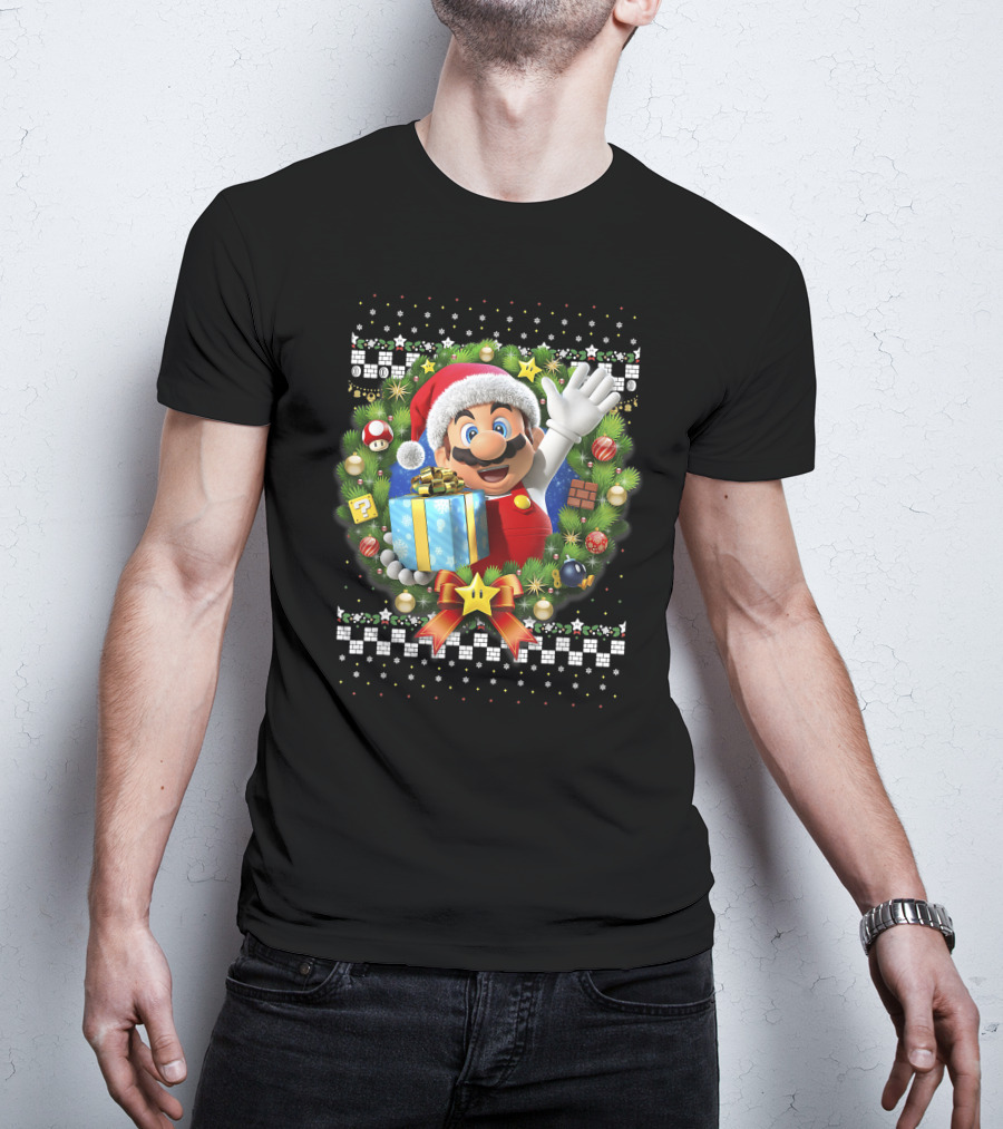Super Mario Christmas Wreath Santa Present With Gift And Iconic Symbols T-Shirt