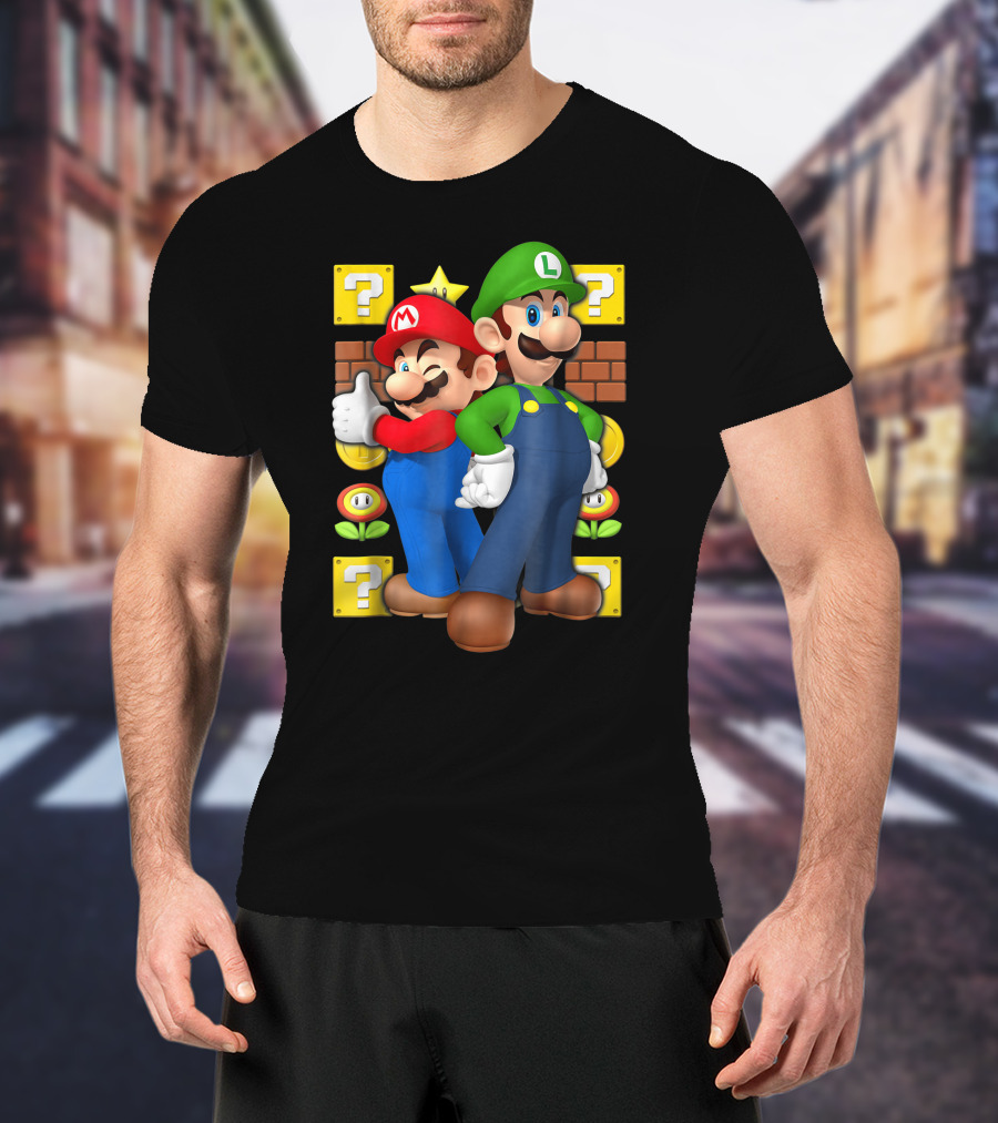 Super Mario Brothers Mario And Luigi With Question Blocks And Power-Up Icons T-Shirt