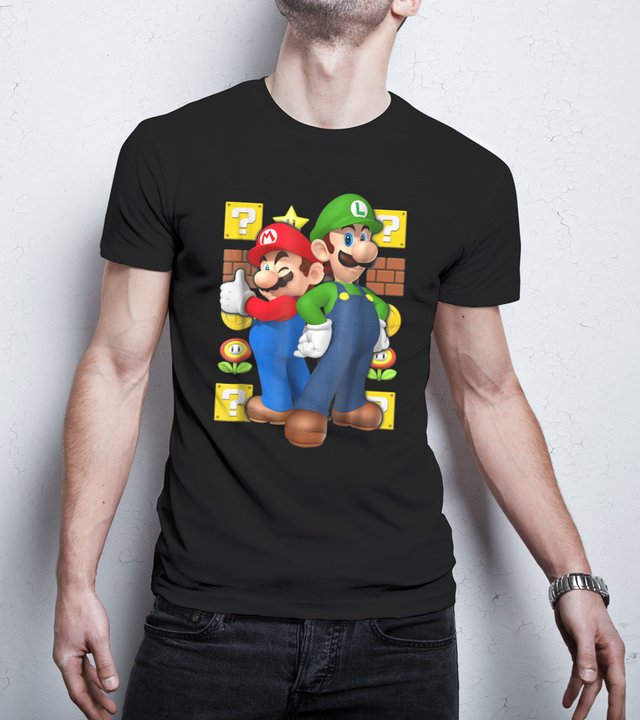 Super Mario Brothers Mario And Luigi With Question Blocks And Power-Up Icons T-Shirt
