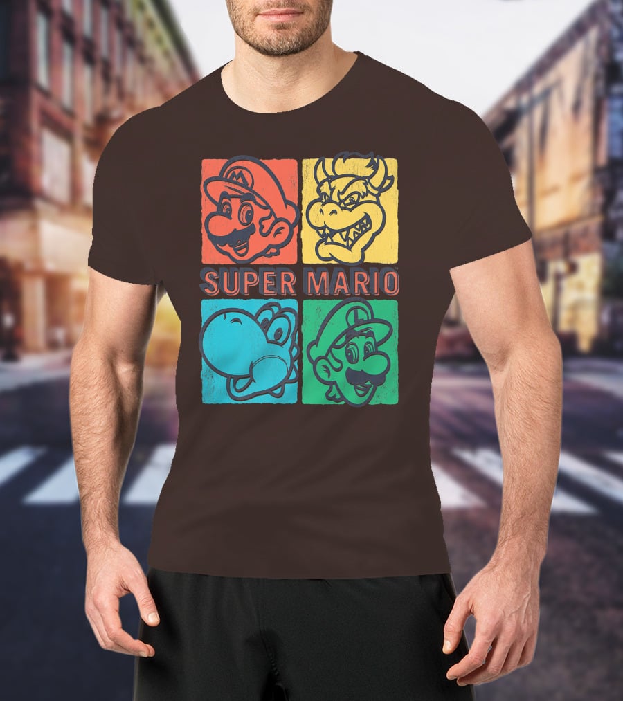 Super Mario Bowser Yoshi Luigi Distressed Square Group Shot T-Shirt